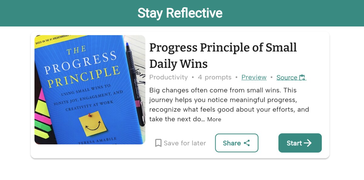 Screenshot of the "Progress Principle of Small Daily Wins" Reflection Journey card on Stay Reflective, showing the book cover, a "Productivity · 4 prompts" label, and Preview, Save, Share, and Start buttons.